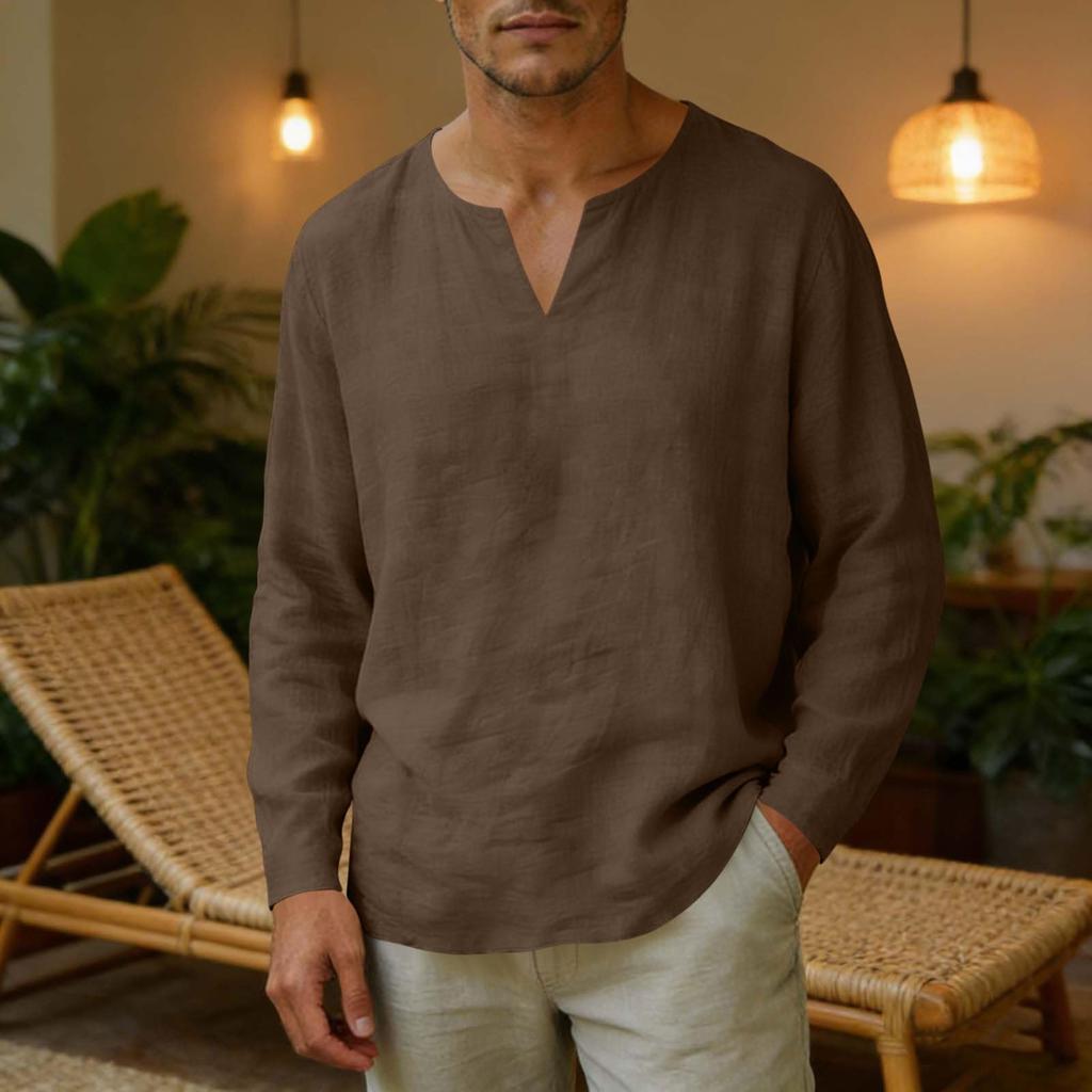 Men's Linen V-Neck T-Shirt Loose Fit Casual Summer Top