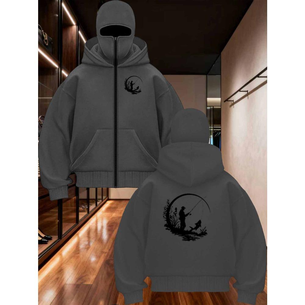 Men's Winter Hooded Zipper Jacket with Outdoor Fishing Print, Color Blocked Casual Sports Jacket, Loose Long Sleeved Sweatshirt
