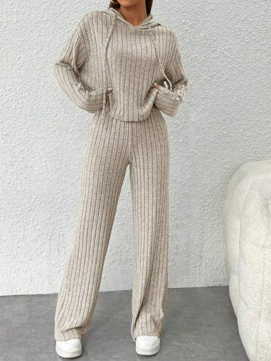 Set nou pentru femei, casual, cu pulover tricotat cu glugă cu dungi și pantaloni largi cu mâneci lungi pentru primăvară/toamnă