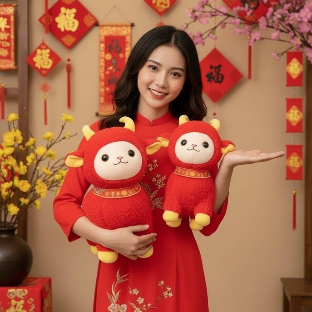 Red Zodiac Sheep Doll Cute New Year Gift Fortune Mascot Cushion Plush Lamb Toy Spring Festival