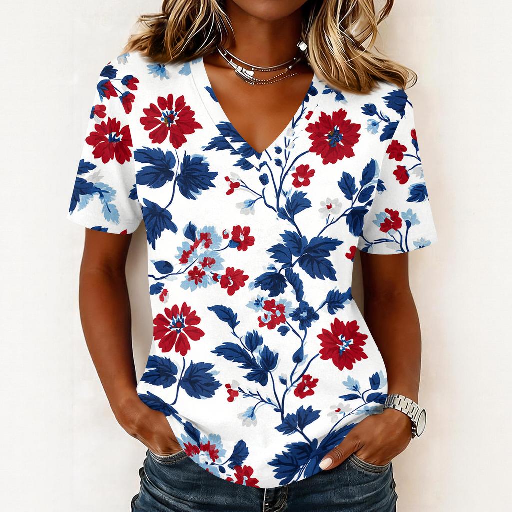 Women's fashionable casual short-sleeved floral print V-neck pullover top