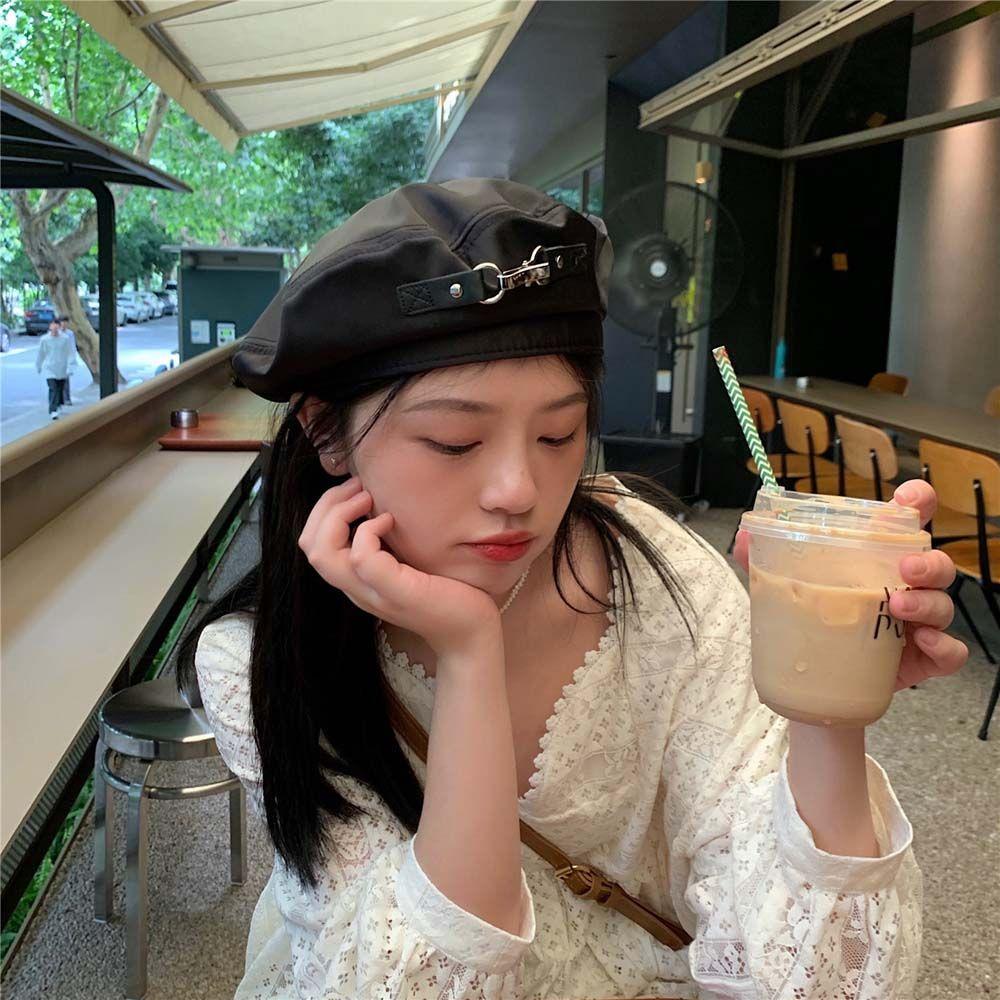 Buckle Autumn British Style All-match Korean Style Hat Retro Beret Painter Hat Women Octagonal Cap
