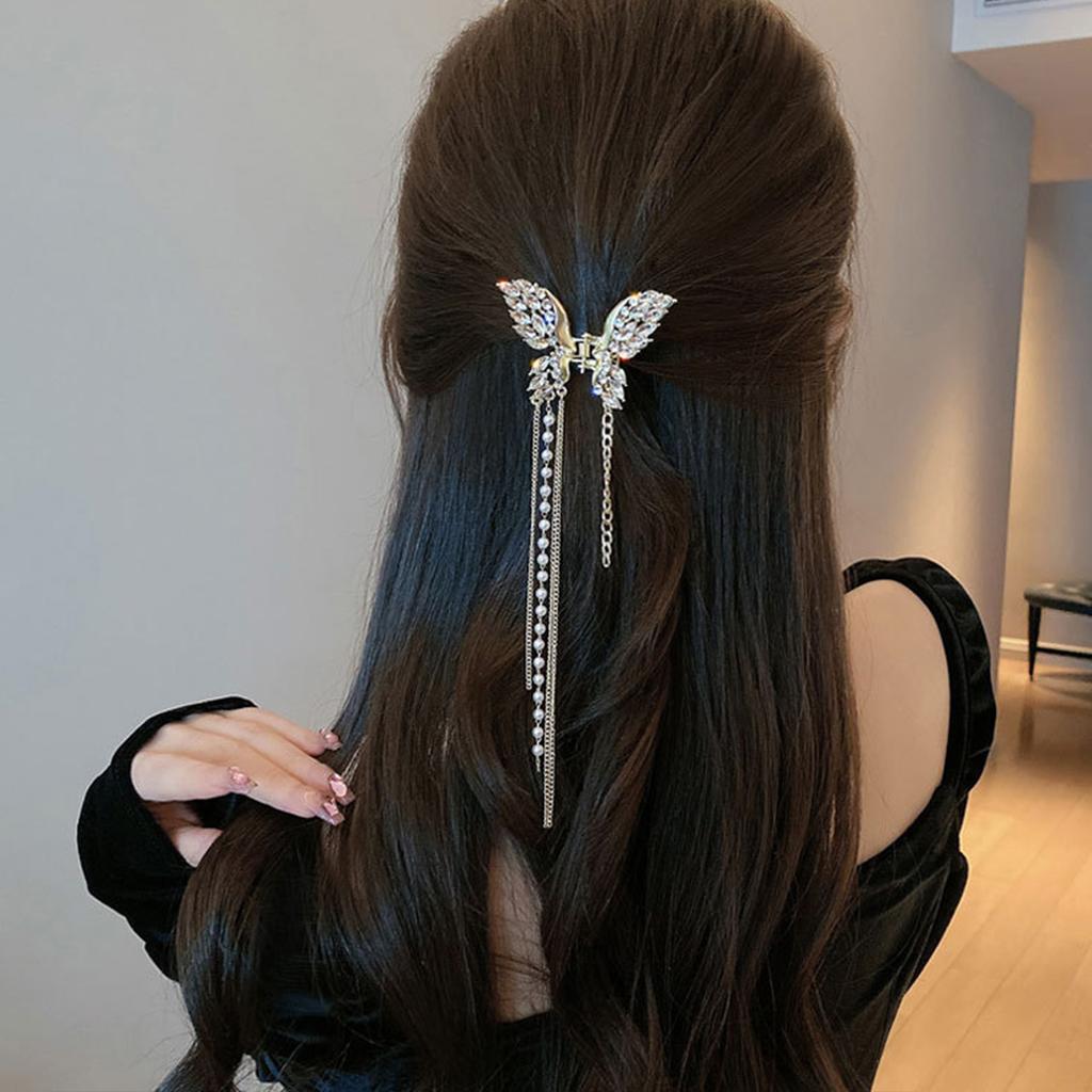 Zircon Butterfly Tassel Hair Clip with Wide Metal Grip for Women Elegant Alloy Statement Hairpin for Parties Weddings and Daily Wear