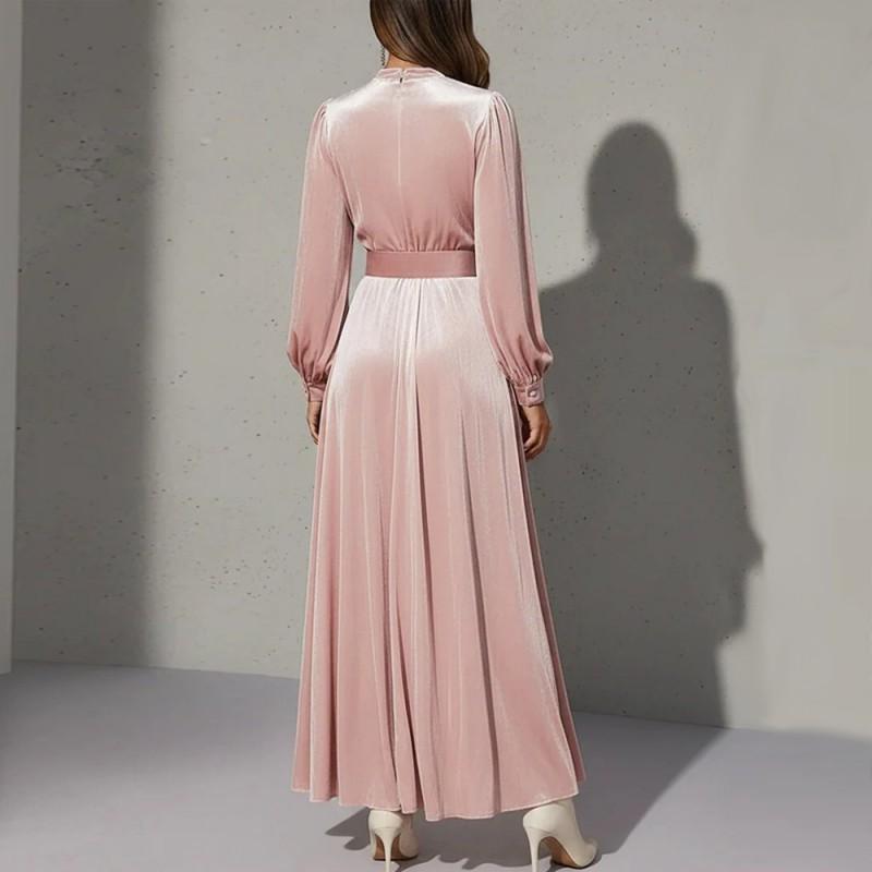 Womens Solid Color V-Neck Velvet Long Sleeve Fitted Waist A-Line Maxi Dress With Ruched Detail