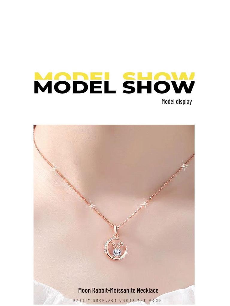 S925 Sterling Silver Moissanite Moonlight Jade Rabbit Necklace - Sweet Clavicle Chain Qixi Gift for Women