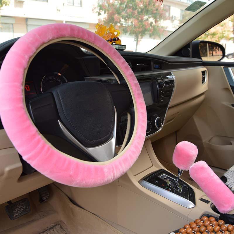 Auto Lenkradabdeckung Schutz Dekoration Warm Super Dick Plüsch Kragen Weich Schwarz Rosa Damen Mann