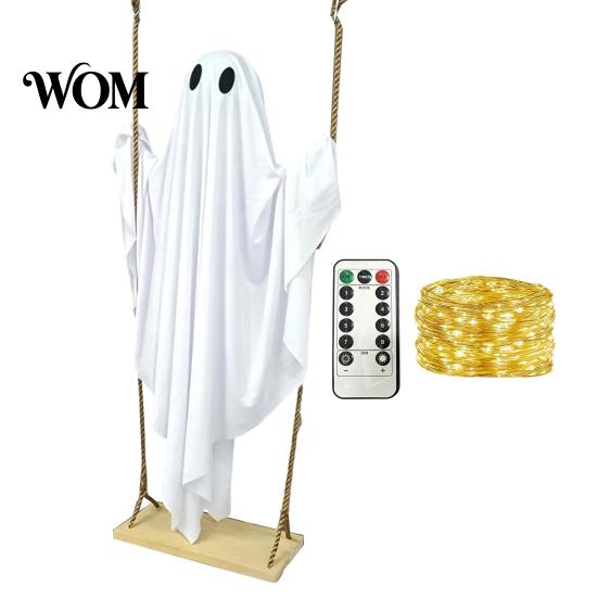 Weighted Fabric Flying Ghost Halloween Hanging Swing Decor with String Lights, Glowing Floating Easy Assembly Ghosts Ornament for Yard Tree,