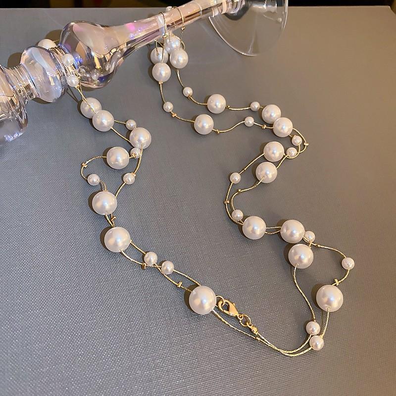 Diamond Water Drop Pearl Beaded Necklace Autumn and Winter French Light Luxury Sweater Chain Fashionable Versatile High-end Jewelry
