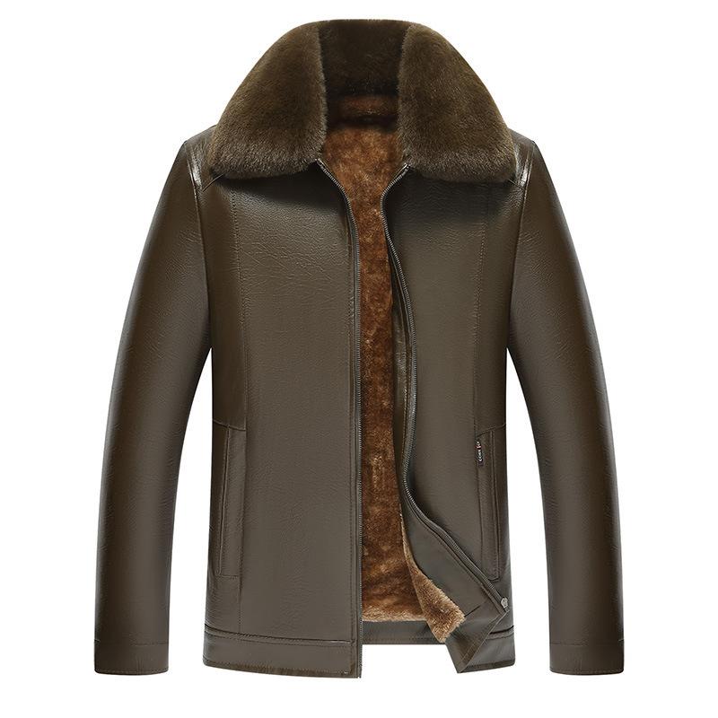 Faux Leather Jackets Men Turn Down Collar Solid Thick Warm Full Sleeve Zipper Coats Autumn Winter Punk Splice Coat Jacket