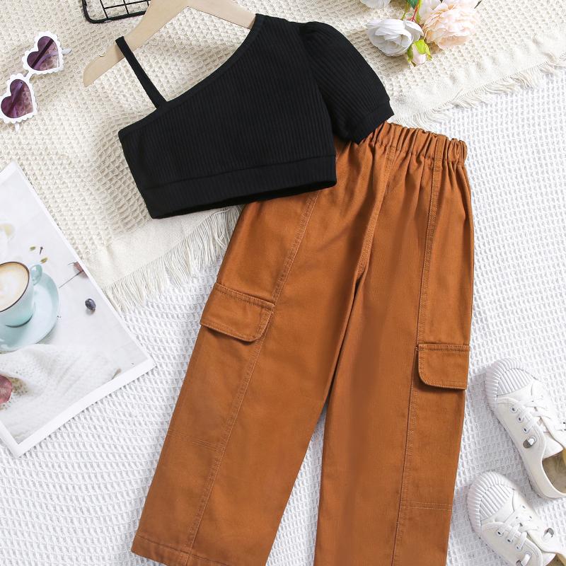 Girls' Fashion Set: Summer Children's Solid-color Short-sleeved Off-the-shoulder Pullover, Two-piece Set of Colorful Denim Trousers