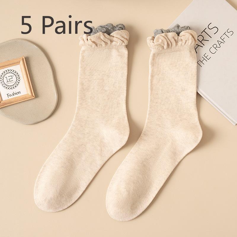 5 Pairs Grey Socks Women's Cotton Yarn Mid-calf Socks Spring and Autumn Tide Jk Clashing Ballet Style Lace Stacked Socks Autumn