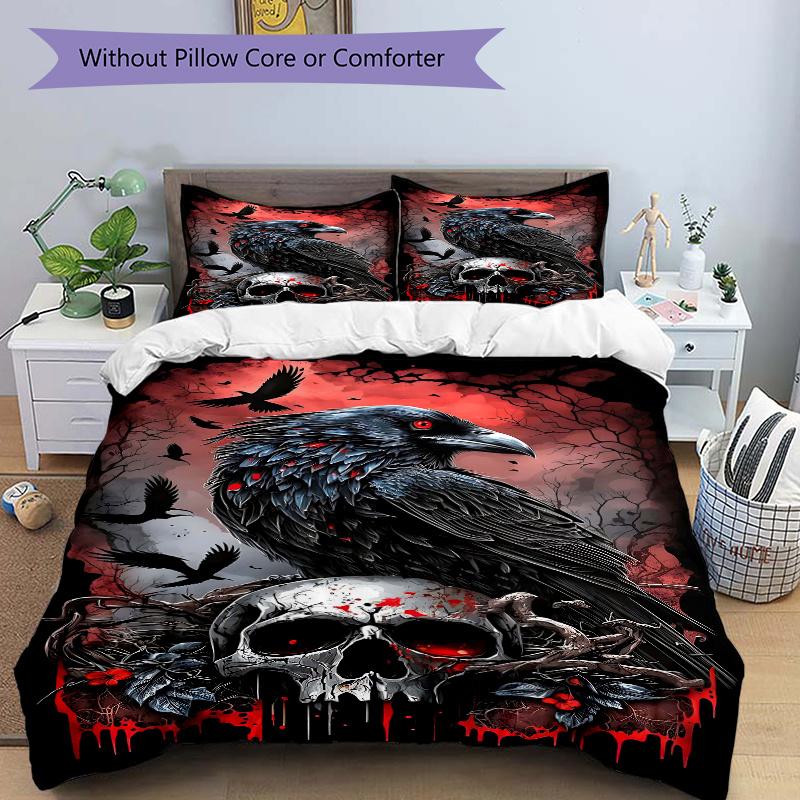 3pcs Crow and Skull Printed Duvet Cover Set (1 * Cover+2 * Pillowcase, Without Core), Suitable for Home Bedroom, Guest Room, Dormitory Decoration