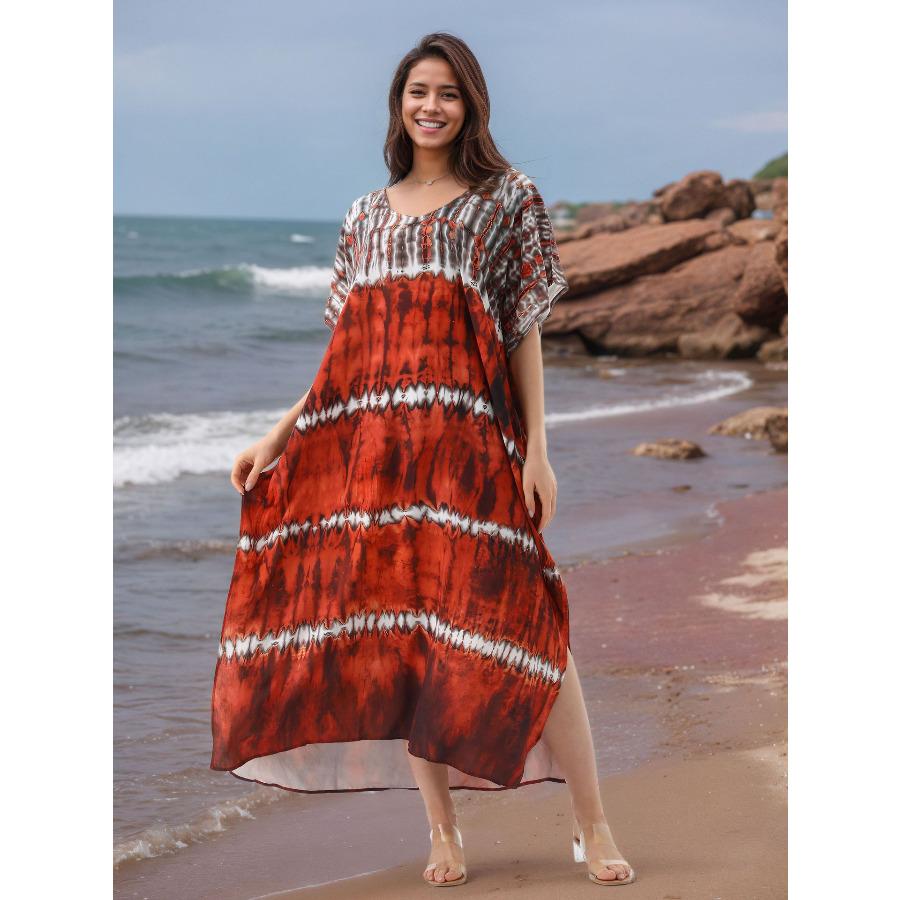 Women's Tie Dye Print Beach Cover Up Loose Flowy Long Kaftan Robe, Open Front Swimwear Shirt 0993