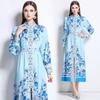 Spring Autumn Women Vintage Print Runway Dresses Full Sleeve Single Breasted Long Maxi Party Dress with Belt