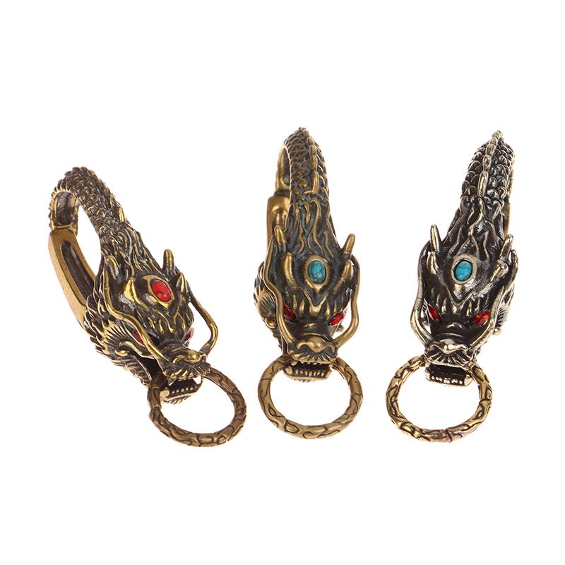 Pure Brass Red Eyes Dragon Head Keyrings Zodiac Dragon Keychain Vintage Muži Přezka v pase Přívěsek na klíče od auta Přívěsek na klíče Dárky Řemesla