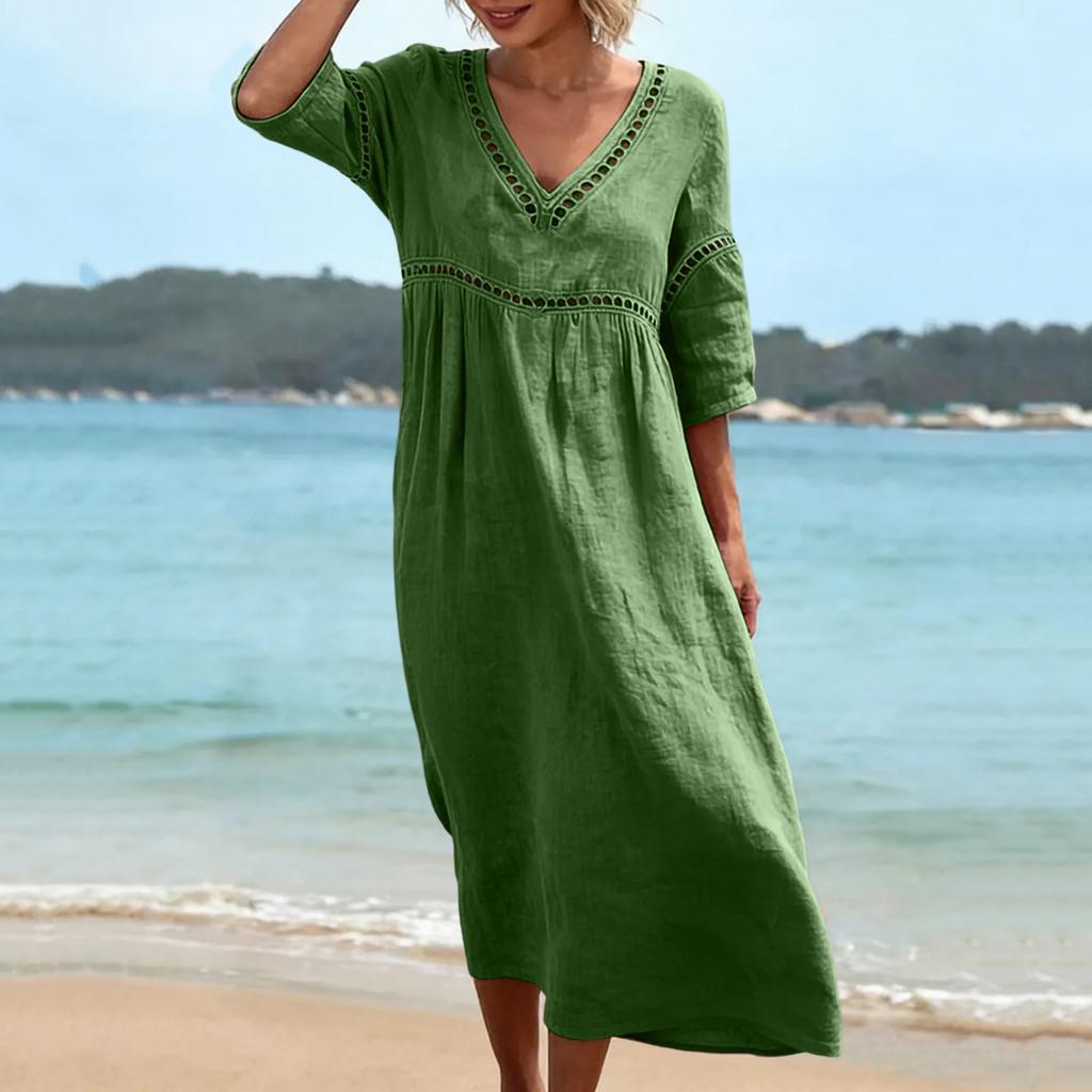 Abito da Spiaggia Casual alla Moda da Donna con Scollo a V - Colorato: Abito ajour a vestibilità comoda