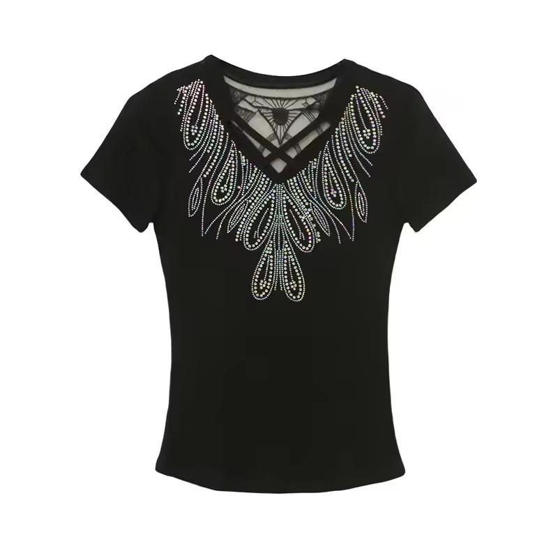 Summer New Cross V-neck Shiny Hot Diamonds T-shirt For Women Slim Short Sleeve Tees Lady Fashion Casual Elastic Mesh Tops