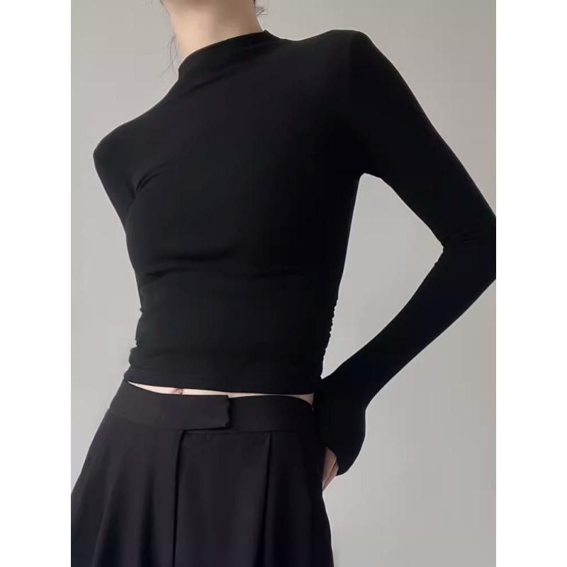 Women Half High Neck Long Sleeve Slim Cropped Solid Base T Shirt