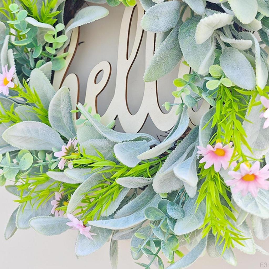Hello Spring Wreath Artificial Flower Decorative Round Hanging Ornament Garland for Front