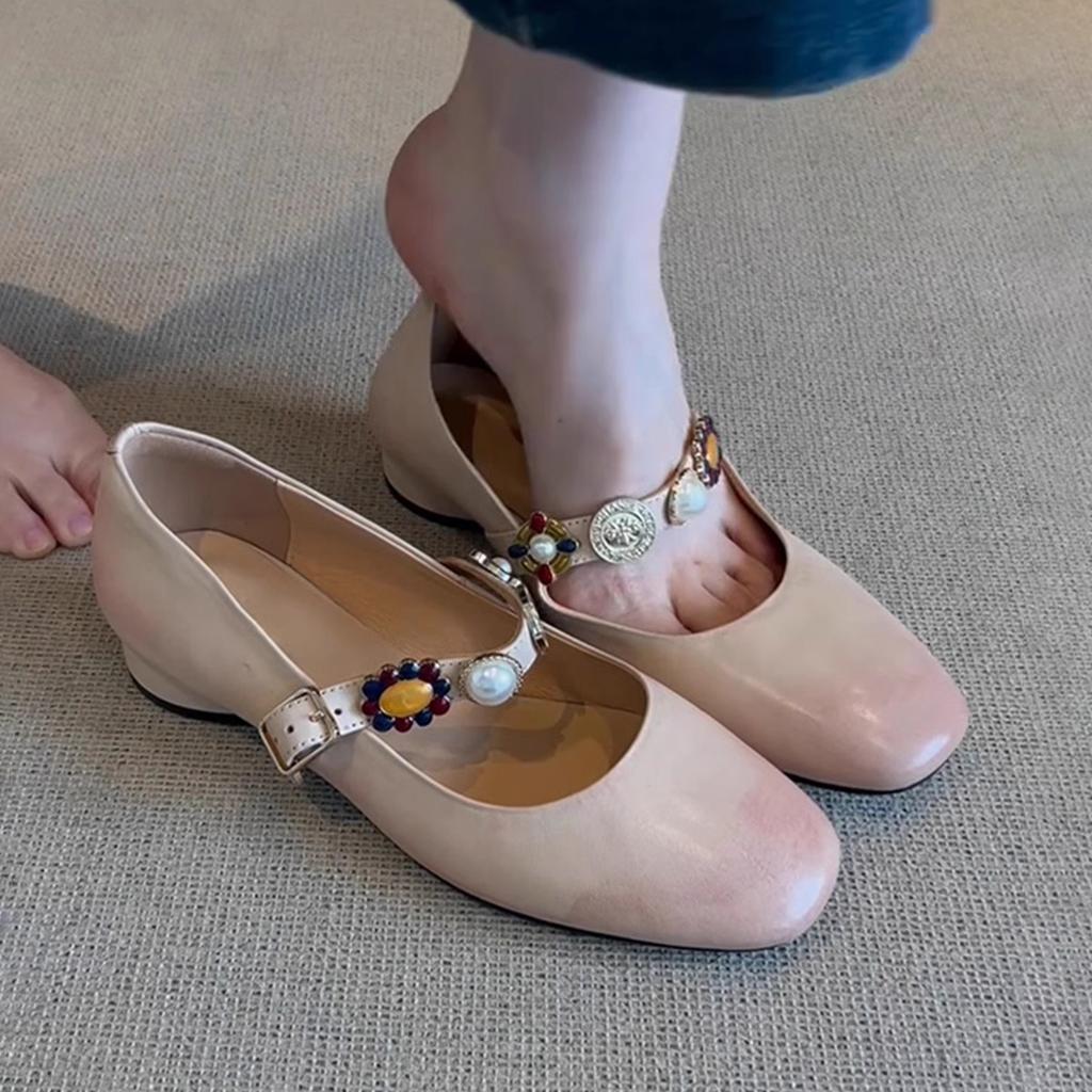 Sheepskin Version~ One-word Buckle Leather Round Head Mary Jane Shoes Women's Retro Low-heeled Temperament Ballet Shoes Single Shoes