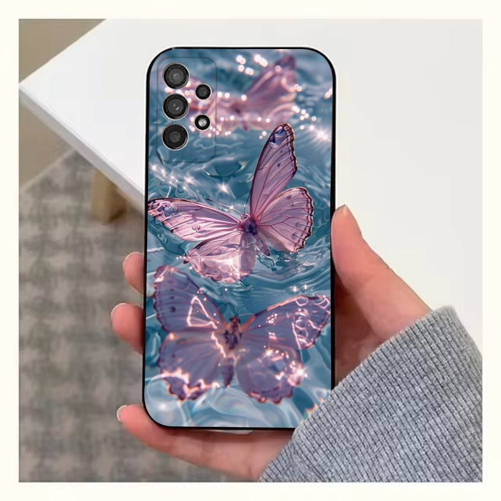 Pink Butterfly Pattern Phone For Samsung S22,S25,S24,S23,Ultra,FE,Plus,S21,S20,S10,S9,Lite,Soft Silicone Black