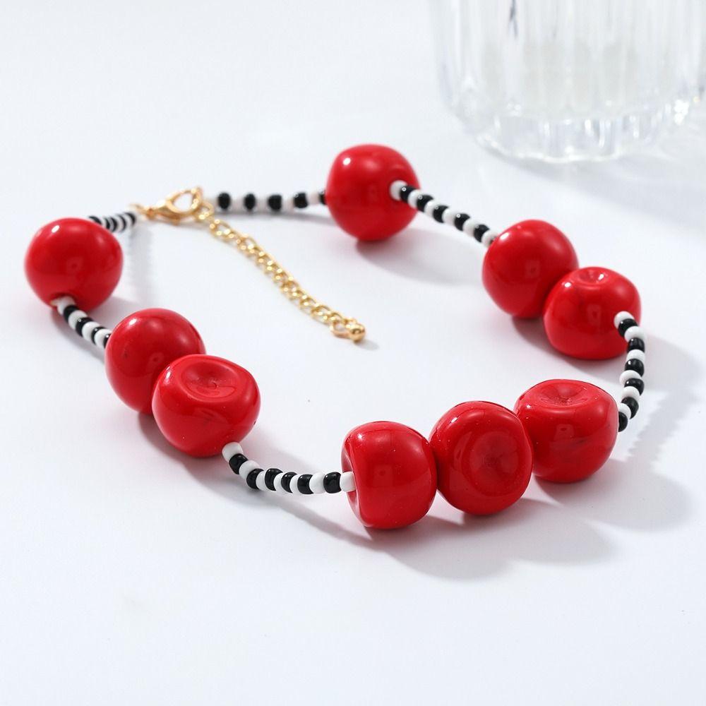 Handmade Red Bead Necklace Korean Style Y2K Clavicle Chain Retro Fruit Cherry Necklace  Women