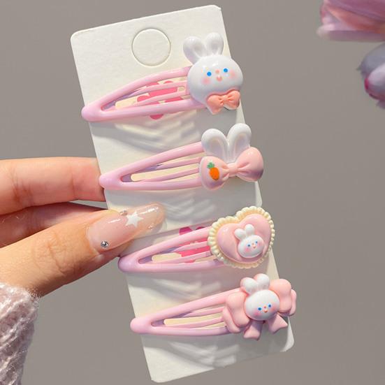 4Pcs Girl Hairpins Cartoon Rabbit Heart Design BB Clips Low Saturation Pink Hair Pins School Dating Hair