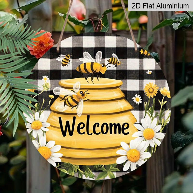 2D Flat, 1pc "Bee Welcome Plus" Monogrammed Round Metal Sign, Ideal for Home, Cafe, Restaurant, Garage, Garden Indoor and Outdoor Use, Event and