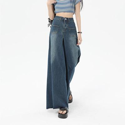 Vintage Wide Leg Jeans Women's High Waist Pocket Loose Slim Pants
