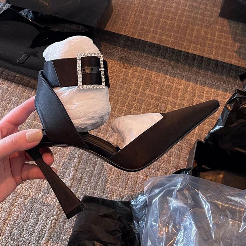 Fashion Star style Luxury Satin Rhinestones Square Buckle Women Pumps Sexy Ankle strap Slingbacks Summer High Heels Celebrity Prom Shoes