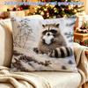 1pc 2D Flat Printing Pillowcase, Single-Sided Printed Fluffy Raccoon Sitting In Winter Snow Forest Holding Heart-Shaped Snowball (Pillow Insert Not In