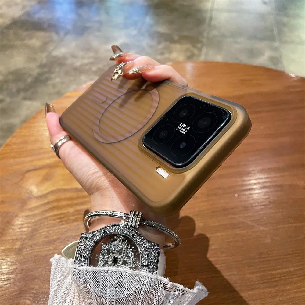 Shockproof Corrugated Matte Case Bumper For Xiaomi Mi 15 Pro 13 14 Pro Magnetic For Magsafe Translucent Wireless Charge PC Cover