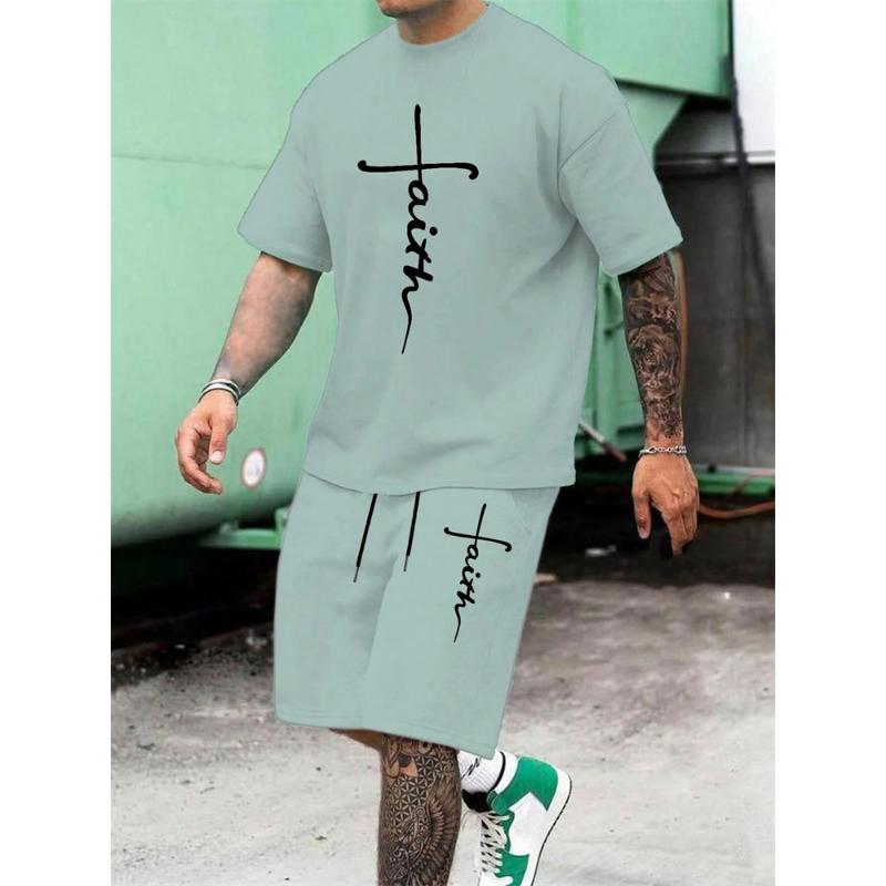 Męski Letni Zestaw Krótkich Spodenek z Krótkim Rękawem z Nadrukiem Krzyża Casualowy Modny Temperament 2-częściowy Streetowy Sesja Wakacyjny Zestaw T-shirtu z Okrągłym Dekoltem