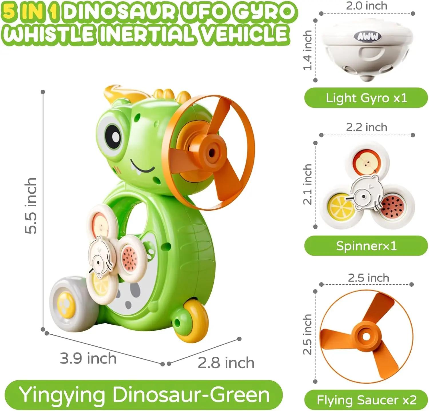 

5-in-1 Multifunctional Dinosaur Whistle Inertial Vehicle,Flying Disc Launcher Toy,Light Up Spinning Tops & Gyroscope,Girls&Boys зелёный