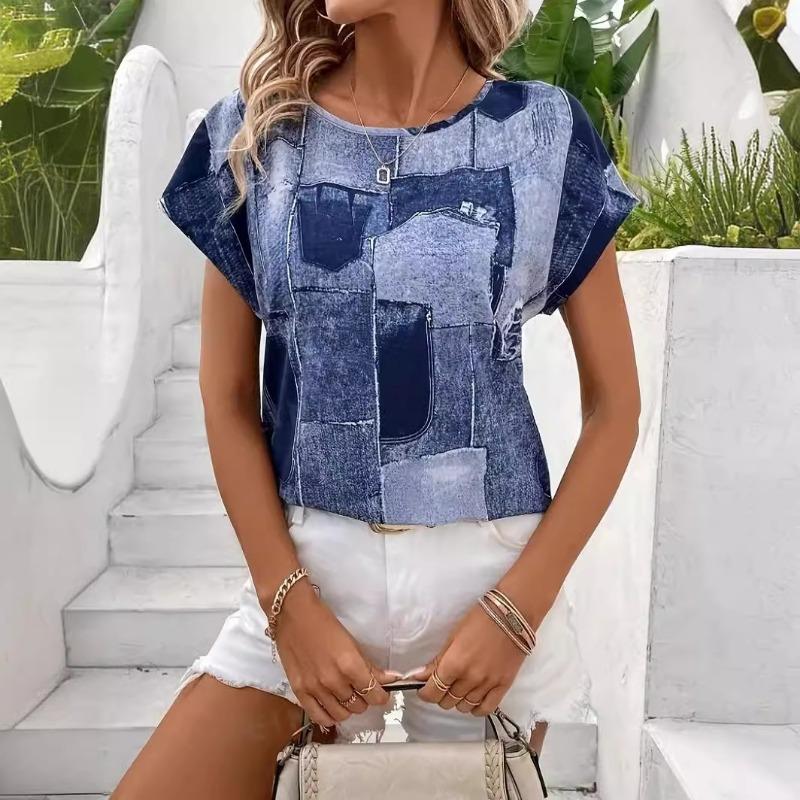 

Повседневная футболка с коротким рукавом в стиле пэчворк для женщин, летние синие винтажные футболки с круглым вырезом, женские элегантные облегающие свободные женские футболки 24341 L синий