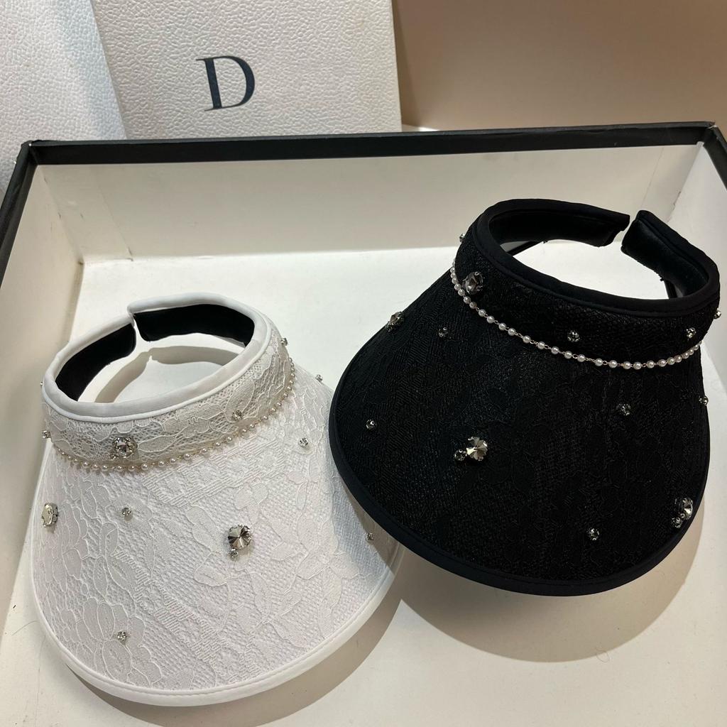 Hot-selling Light Luxury Rhinestone Sweet Lace Empty Top Hat Summer Outdoor Travel Sunscreen Sunshade Topless Sun Hat