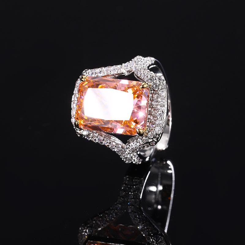Jewelry Copper Bottom Gold-Plated High Carbon Diamond Ice Flower Copper Inlaid Temperament Square Diamond Ring Women 10 * 14