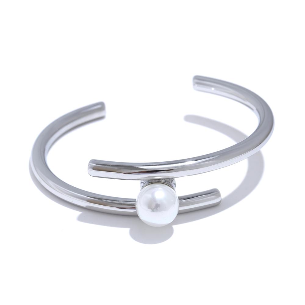 Yhpup 316L Stainless Steel Pearl Double Layer Cuff Bracelet Bangle Stylish Unique Design Elegant Wrist Jewellery Gift