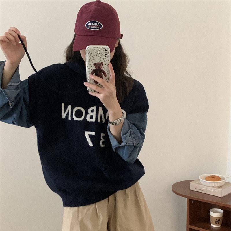 

Осень и зима новый джинсовый рукав трикотажный свитер женский с капюшоном жаккард с буквами свободный женский свитер average size чёрный