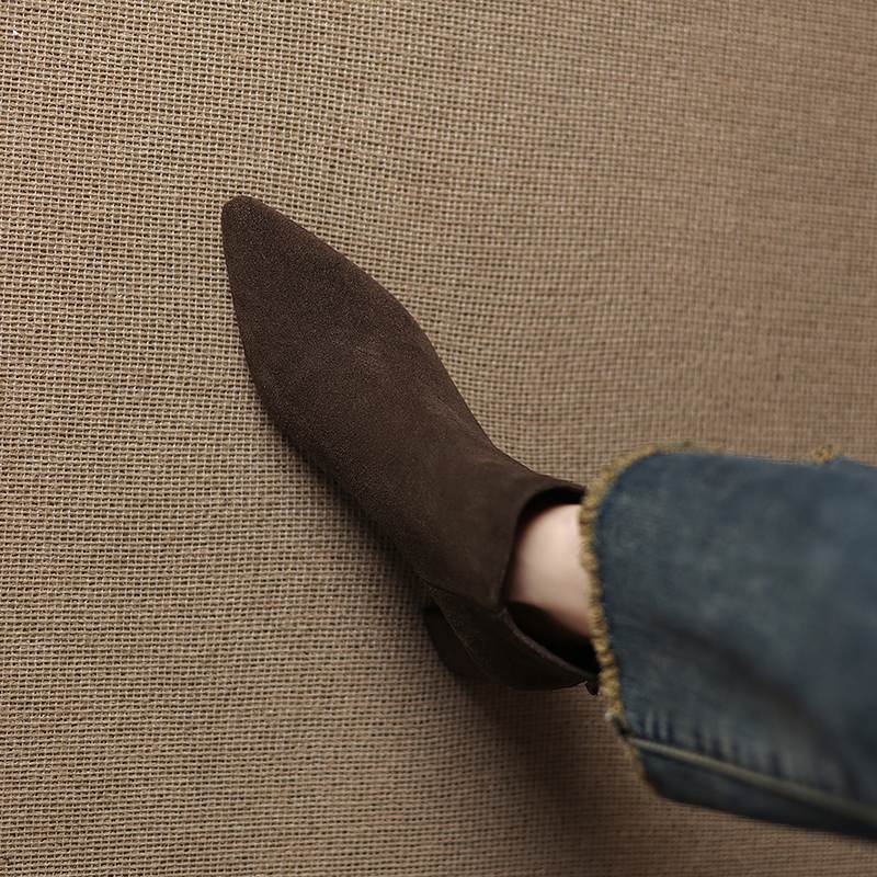Krazing Pot Cow Suede Nubuck Pointed Toe Thick Heels Chelsea Boots Size 43 Zip Basic Clothing Women Ankle Boots