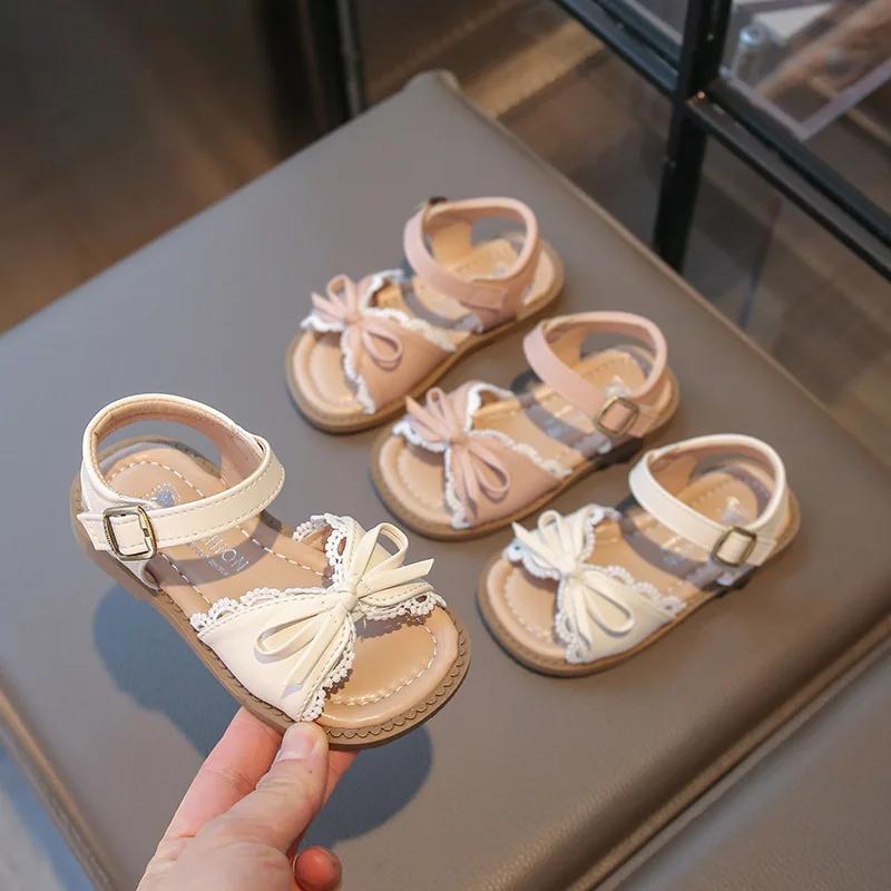 Sandalias de Princesa con Lazo de Encaje Lindas para Niñas Nuevas para Niños Pequeños Zapatos de Playa de Verano con Suela Blanda Talla 22-31