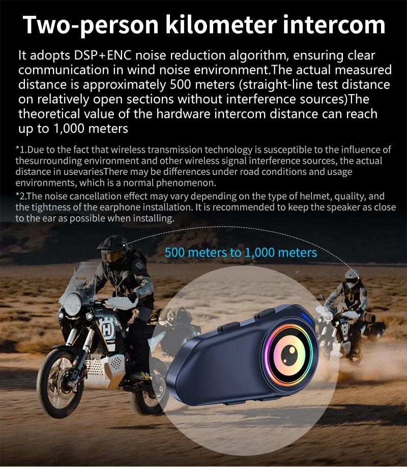 2-Rider 500M Helmet Intercom with Music Sharing, IPX6 Waterproof 1000mah RGB Motorcycle Bluetooth 5.3 Helmet Headset