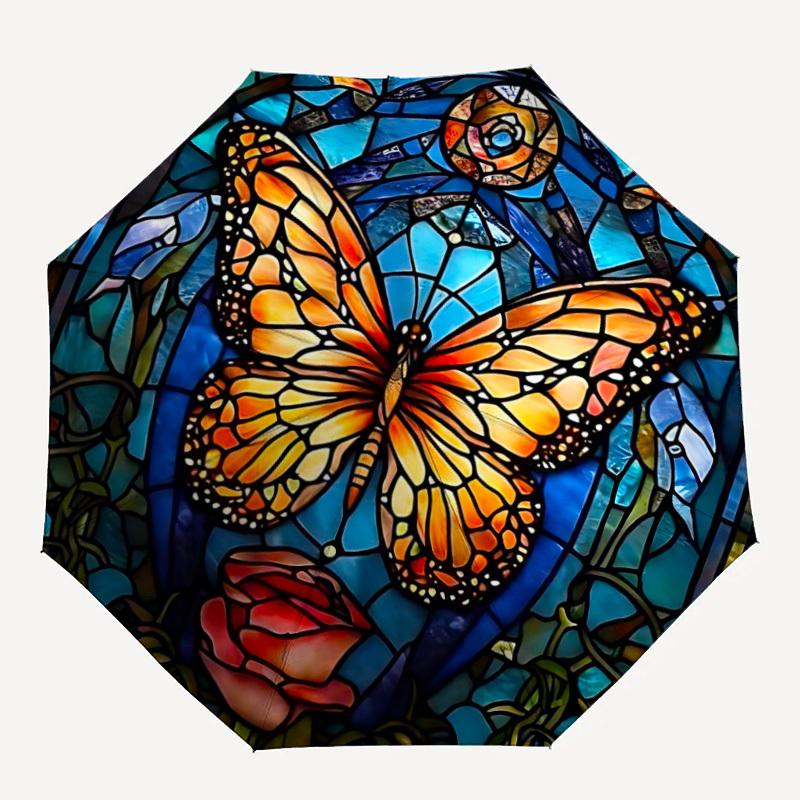 1PC Butterfly StainedGlass Automatic Folding Umbrella Portable Collapsible 8-Rib Umbrella for All Seasons, Casual Outdoor Accessory, A01