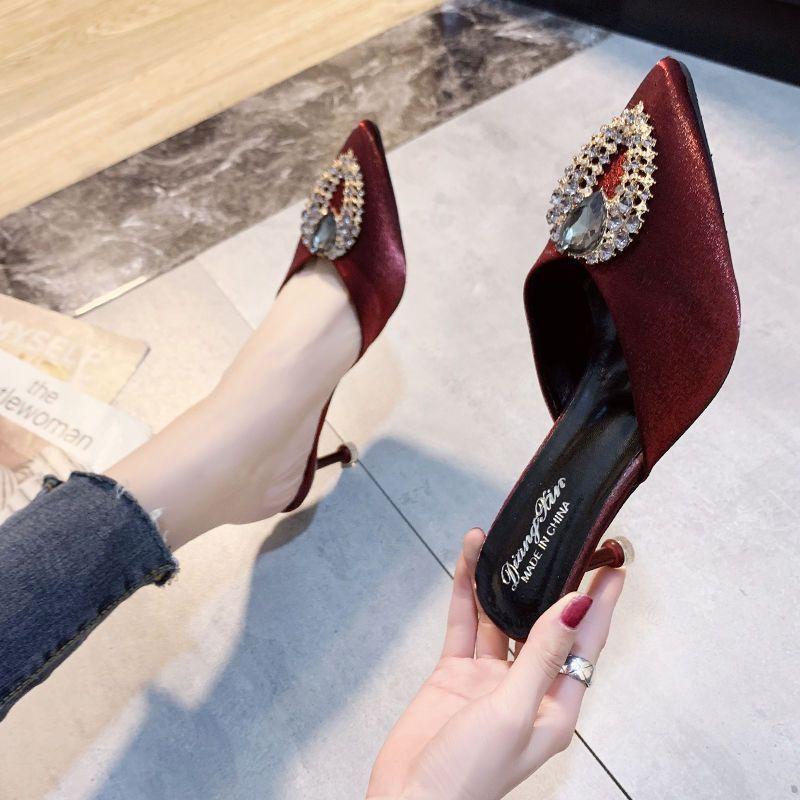 Pointed high heels thin heels women's sandals 2025 spring and summer new sexy rhinestone fashion bag head half slippers women