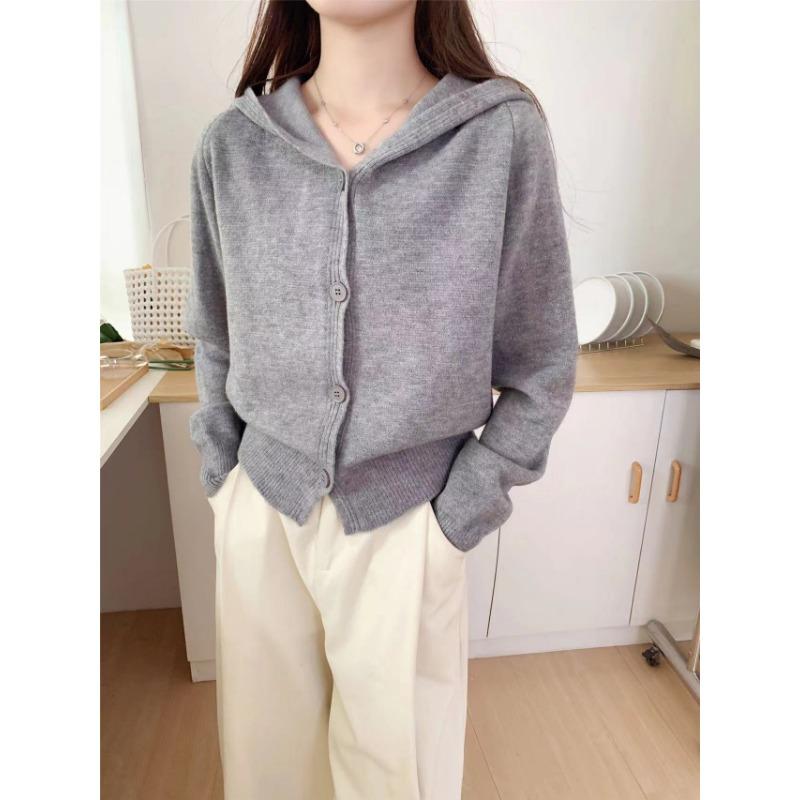 

Вязаный кардиган с капюшоном, маленький, новый, осенне-зимний, однотонный, простой, модный, повседневный, универсальный, свитер-жакет, топ женский one size fits all серый