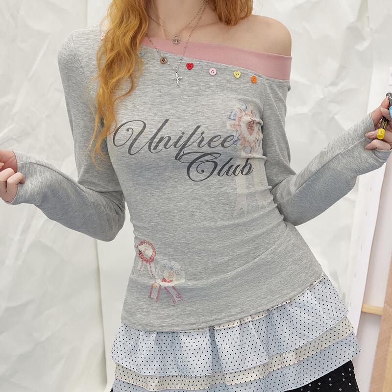 UNIFREE 2026 Spring Off-Shoulder Badge Print Long Sleeve T-Shirt