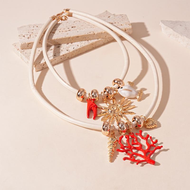 2Pcs/Set Boho Coral Sun Shape Pendant Necklace for Women Punk Round Bead Jewelry Accessories Gifts