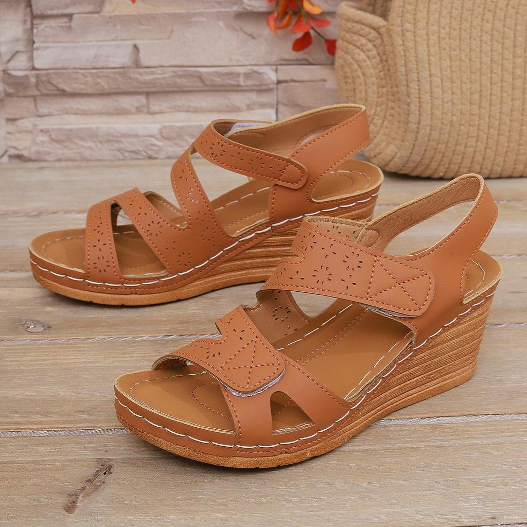 Round head large size Velcro sandals women's popular new bohemian slope heel one-word women's shoes