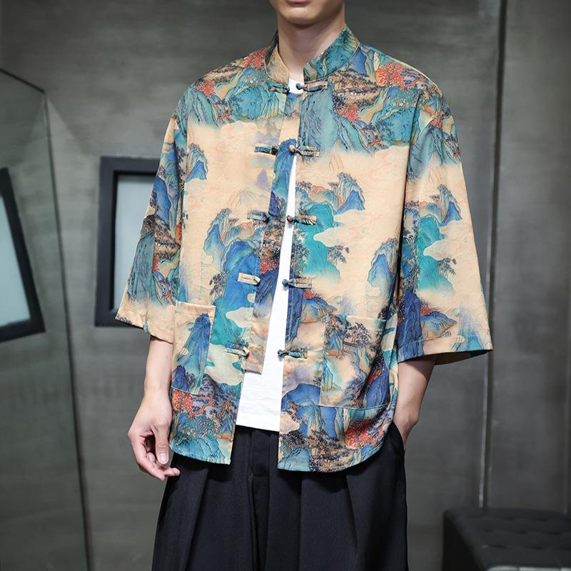 Chinese style ice silk seven-quarter-sleeved shirt men's Tang suit buckle Hanfu large size printed short-sleeved shirt ethnic style