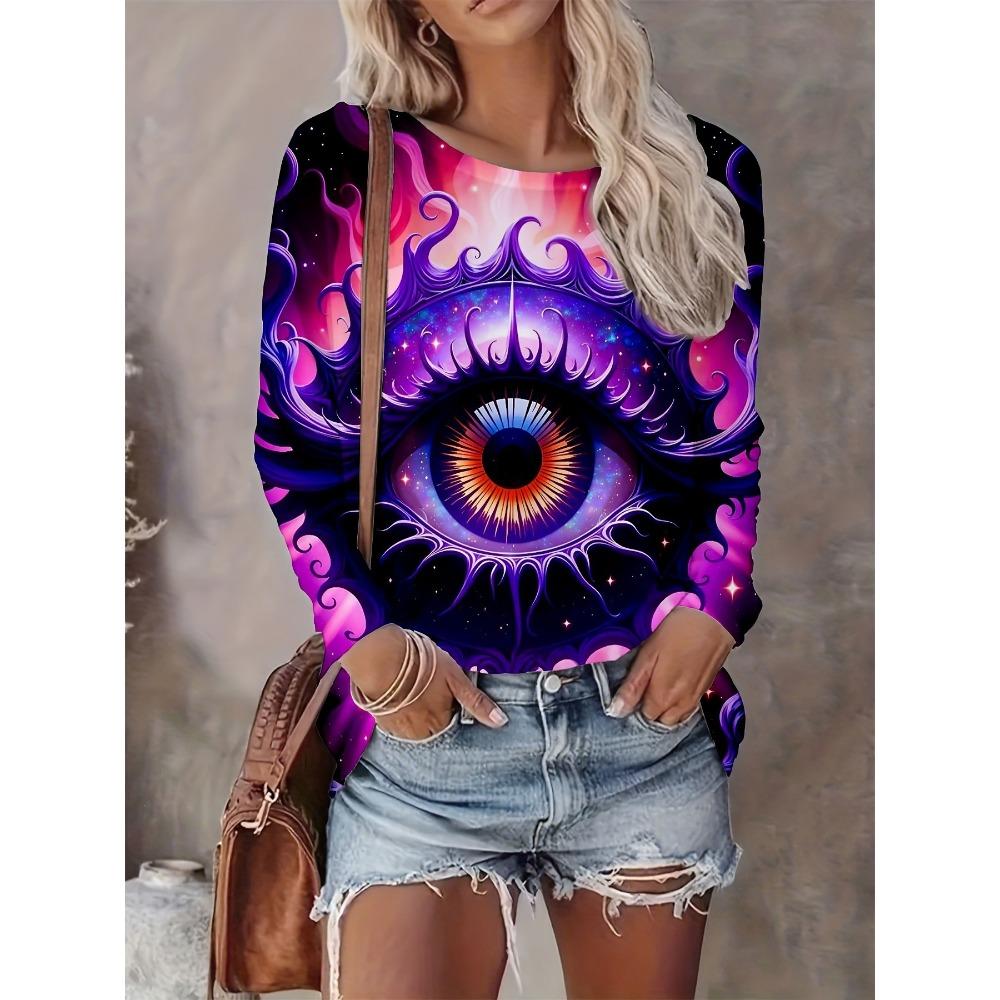 Fashionable Casual Round Neck Long Sleeved T-shirt Soft Comfortable Vintage Versatile Loose Creative Colorful Eyes 3d Printed Women's T-shirt